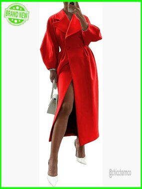 Long Wool Pea Coat Double Breasted Lapel Ankle Length Overcoat Women's